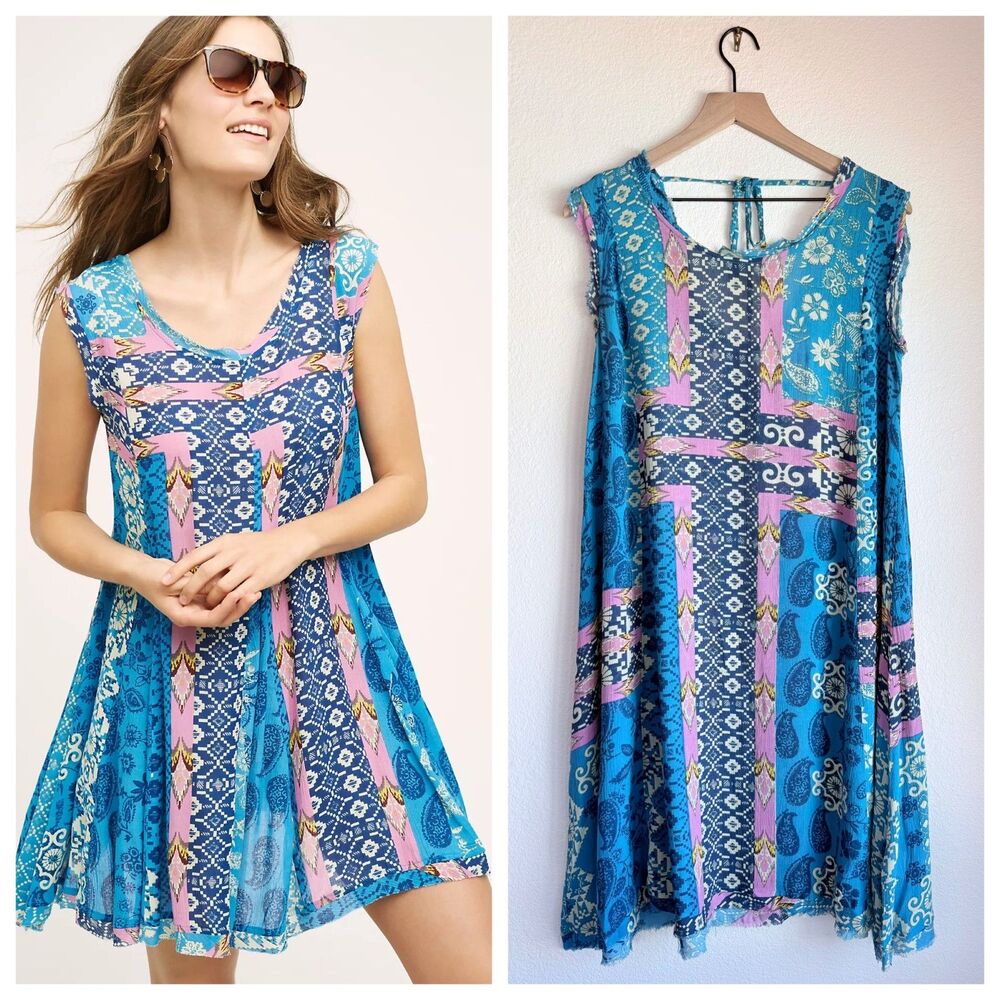 Anthropologie Vintage Holding Horses Patchwork Boho Western Shift Dress Sz M EUC